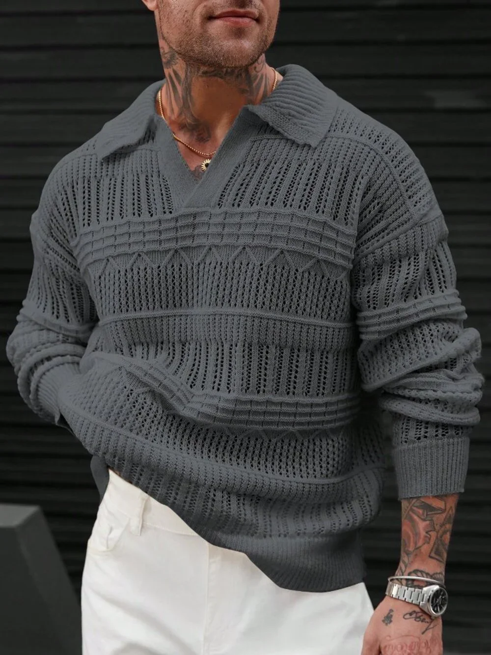 Grey Loose Casual Men's Long Sleeve V Neck Drop Shoulder Knit Sweater